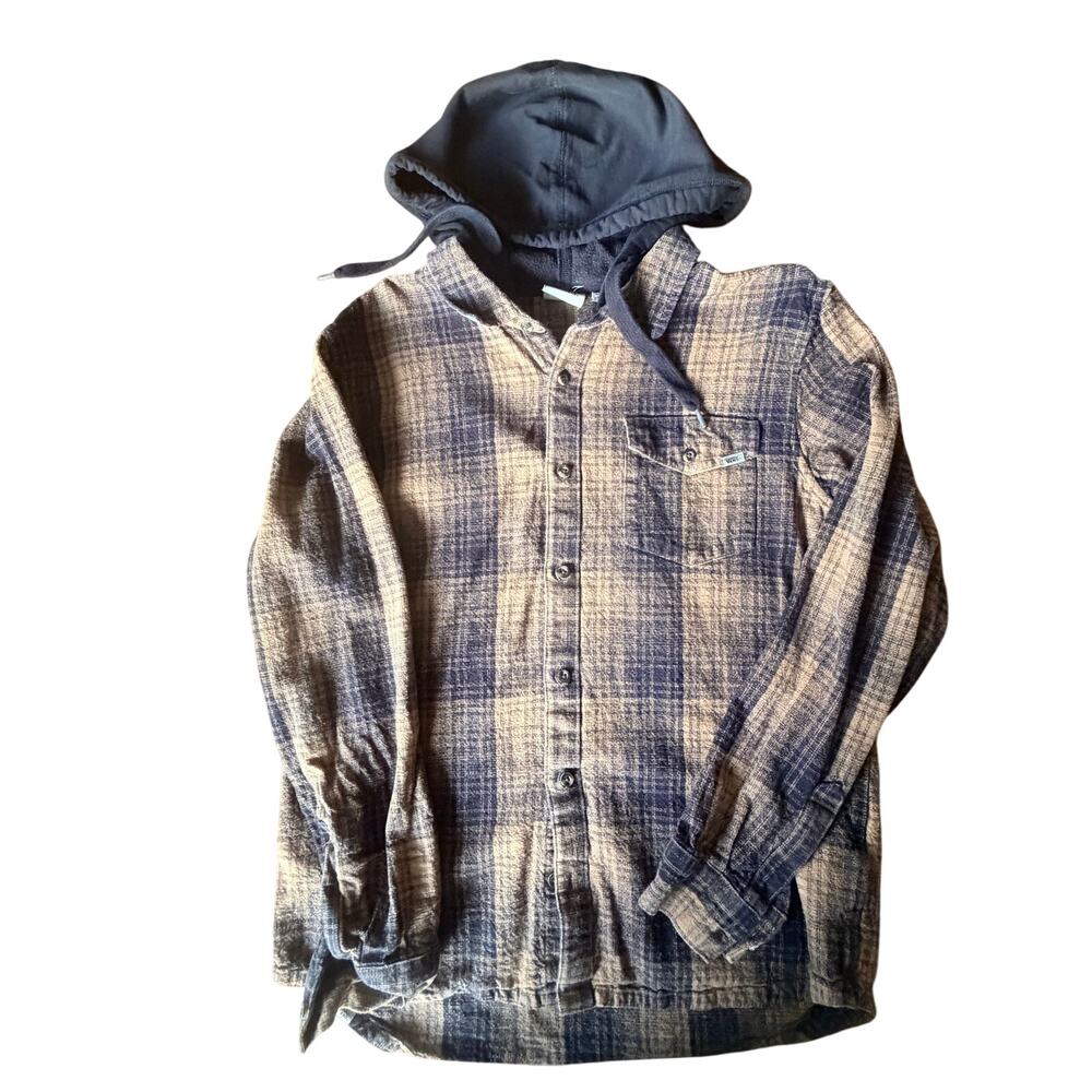 Vans Mens Hooded Flannel Shirt Brown Plaid Button Up Skate Grunge Shacket L